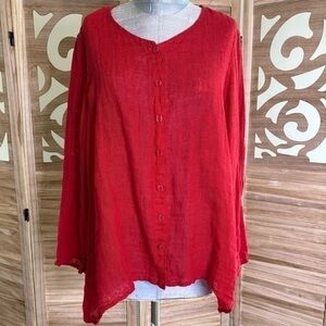 Flax Lagenlook Red Button Down Blouse Small